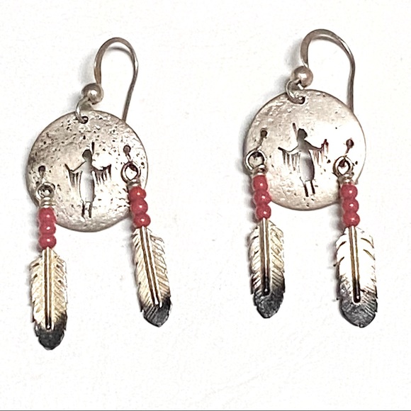 Vintage Jewelry - STERLING SILVER Vintage Native American Red Coral and Feathers Earrings